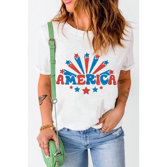 Azura Exchange White AMERICA Star Graphic Round Neck Tee - Picture 7 of 10